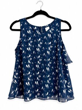 Cabi Navy Bird Print Layered Chiffon Tank Top Size S